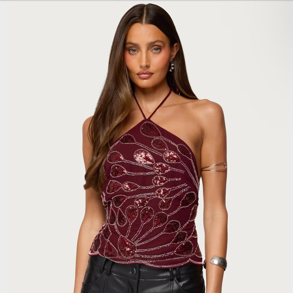 Edikted Embroidered Bead & Sequin Halter Top